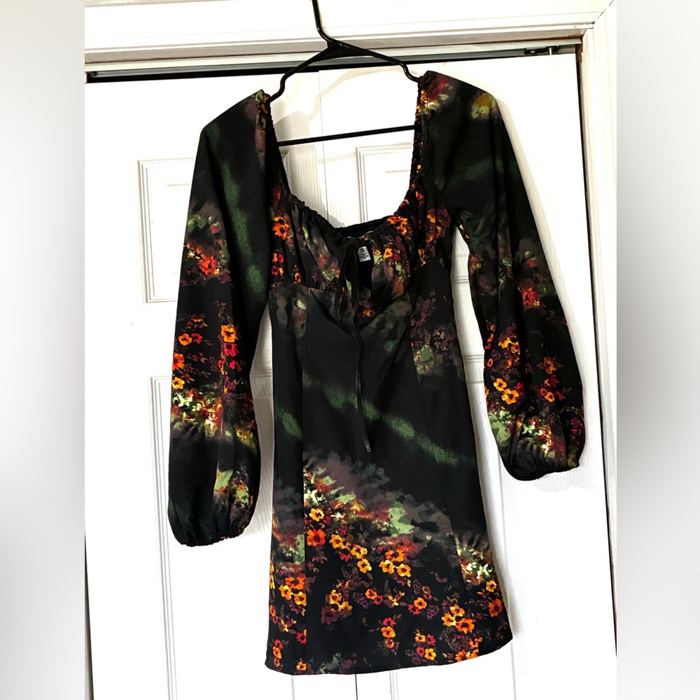 Urban Outfitters Black Floral Long Sleeve Midi Dress with Green Accents